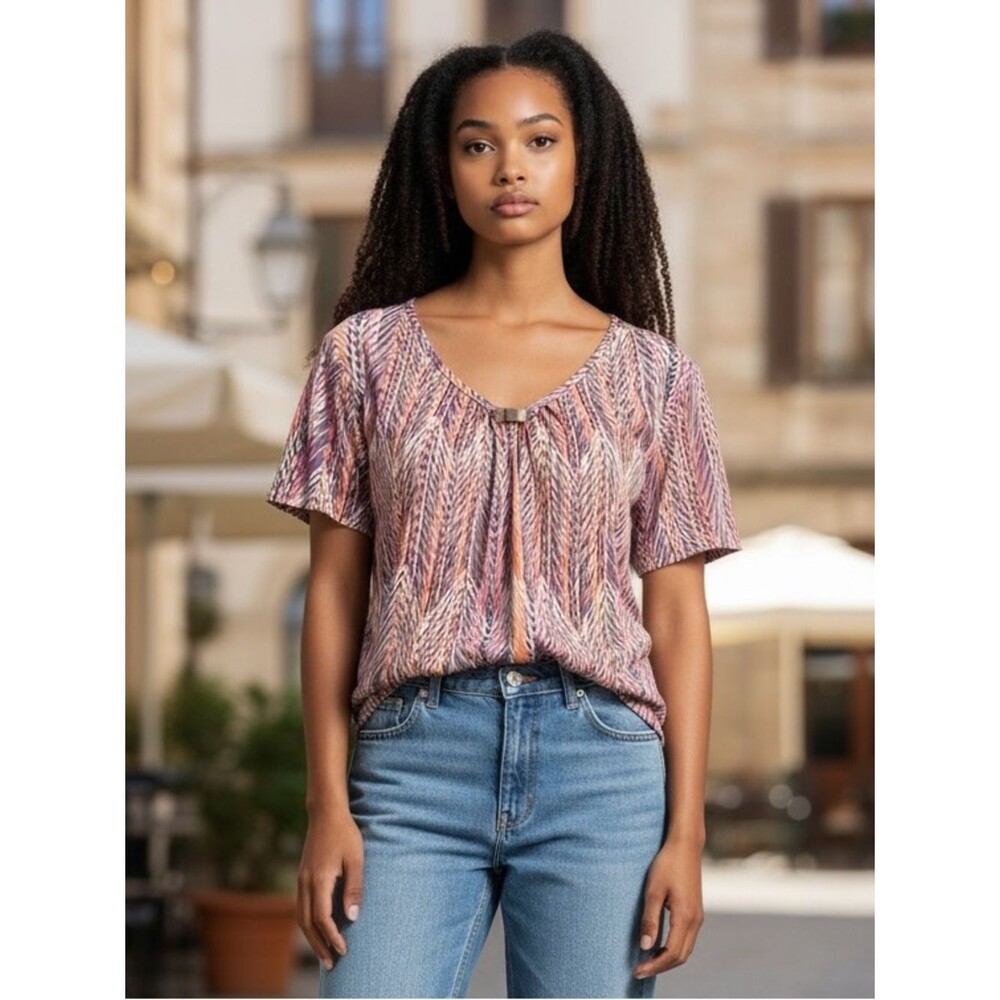 Studio Works Multicolor Chevron Print Short Sleeve Blouse L